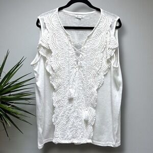 Heimish USA White Lace Trimmed V Neck Sleeveless Tank Top Plus Size 2XL